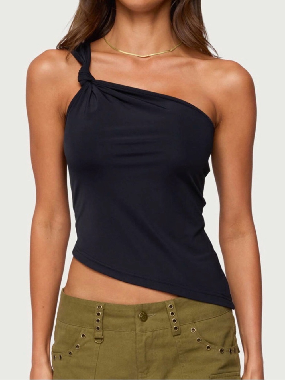 One-Shoulder Knot Detail Women's Tank Top - Black